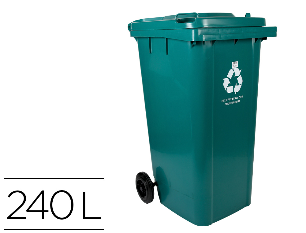 PAPELERA CONTENEDOR Q-CONNECT PLASTICO CON TAPADERA Y RUEDAS 240 LITROS 1040X620X610 MM VERDE