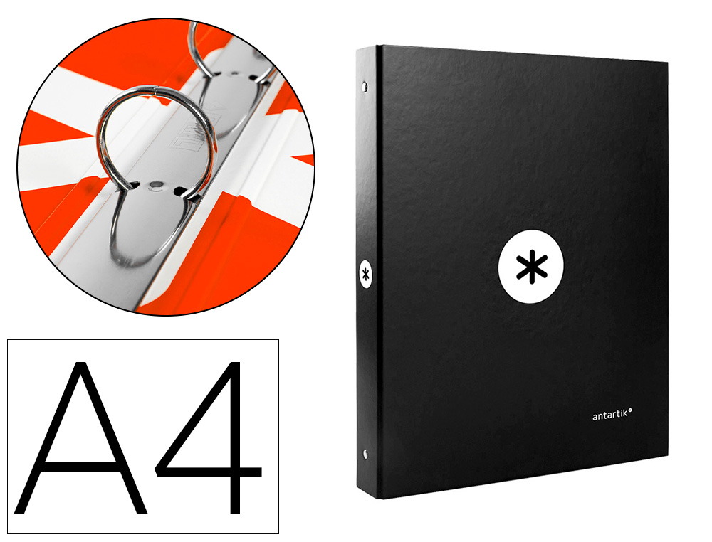 CARPETA LIDERPAPEL ANTARTIK A4 FORRADA 4 ANILLAS 25 MM REDONDAS COLOR NEGRO