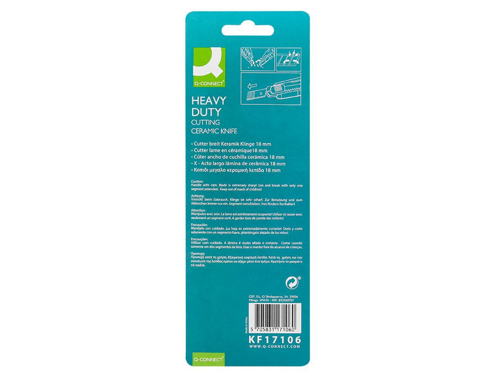 CUTER Q-CONNECT PLASTICO ANCHO CON GUIA METALICA CUCHILLA CERAMICA 18 MM XD-43 BLISTER 1 UNIDAD