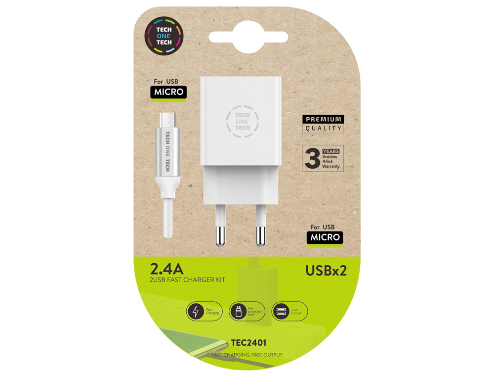 CARGADOR TECH ONE TECH 2.4 DOBLE USB + CABLE BRAIDED NYLON MICRO USB ANDROID LONGITUD 1 MT COLOR BLANCO
