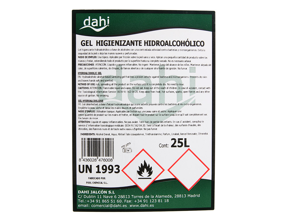 GEL HIDROALCOHOLICO HIGIENIZANTE DAHI PARA MANOS GARRAFA DE 25 LITROS