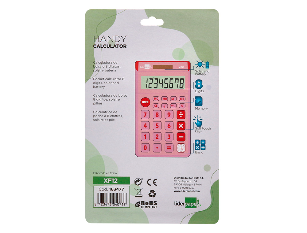 CALCULADORA LIDERPAPEL BOLSILLO XF12 8 DIGITOS SOLAR Y PILAS COLOR ROSA 115X65X8 MM