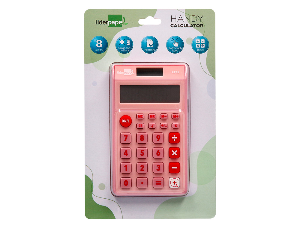 CALCULADORA LIDERPAPEL BOLSILLO XF12 8 DIGITOS SOLAR Y PILAS COLOR ROSA 115X65X8 MM