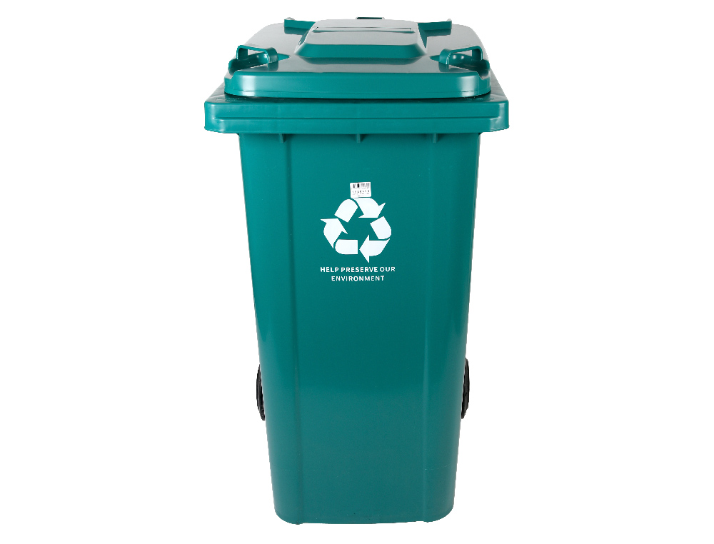 PAPELERA CONTENEDOR Q-CONNECT PLASTICO CON TAPADERA Y RUEDAS 240 LITROS 1040X620X610 MM VERDE