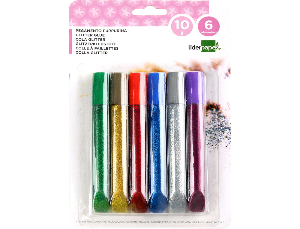PURPURINA PEGAMENTO LIDERPAPEL FANTASIA COLORES METALICOS BLISTER DE 6 UNIDADES DE 10 GR