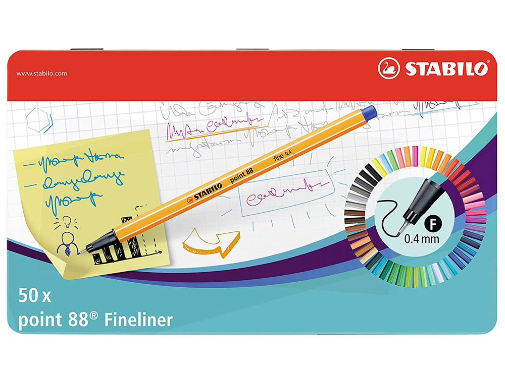 ROTULADOR STABILO PUNTA DE FIBRA 0,4 MM POINT 88 ESTUCHE METAL 50 COLORES SURTIDOS