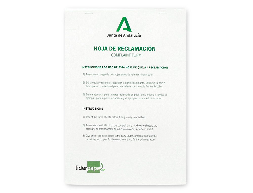 LIBRO LIDERPAPEL HOJAS DE RECLAMACIONES JUNTA DE ANDALUCIA DIN A4 25 JUEGOS ORIGINAL + 2 COPIAS