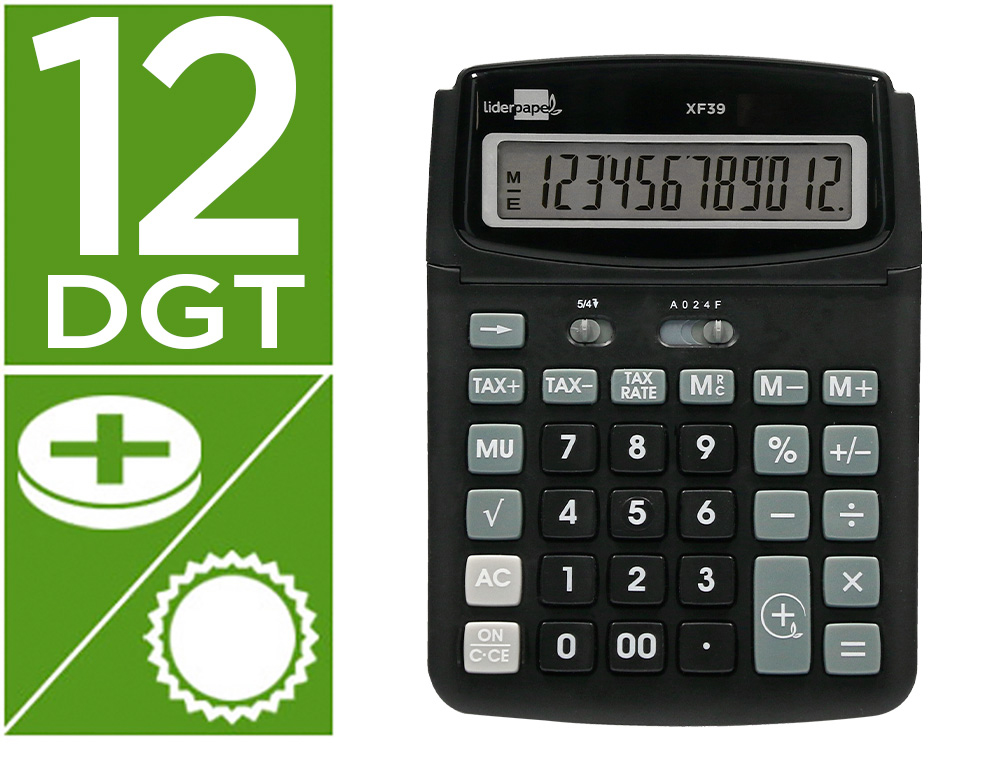 CALCULADORA LIDERPAPEL SOBREMESA XF39 12 DIGITOS SOLAR Y PILAS COLOR NEGRO 190X140X32 MM 40% RECICLADO