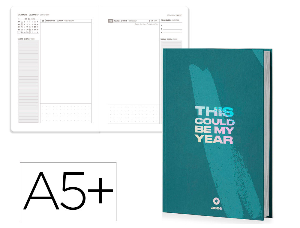 AGENDA ENCUADERNADA ANTARTIK A5+ 2026 DIA PAGINA SIMIL PIEL PAPEL 80 GR