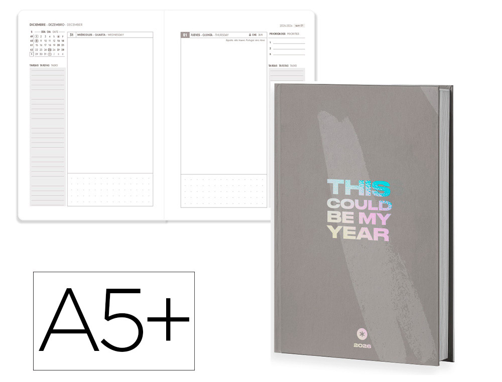 AGENDA ENCUADERNADA ANTARTIK A5+ 2026 DIA PAGINA SIMIL PIEL PAPEL 80 GR