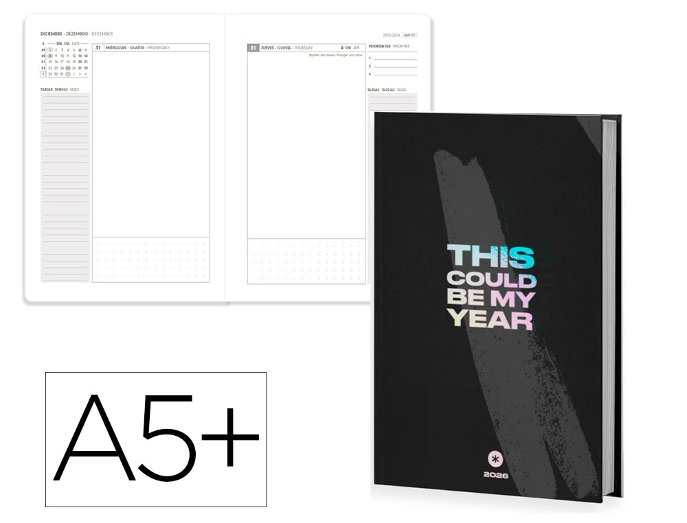 AGENDA ENCUADERNADA ANTARTIK A5+ 2026 DIA PAGINA SIMIL PIEL PAPEL 80 GR