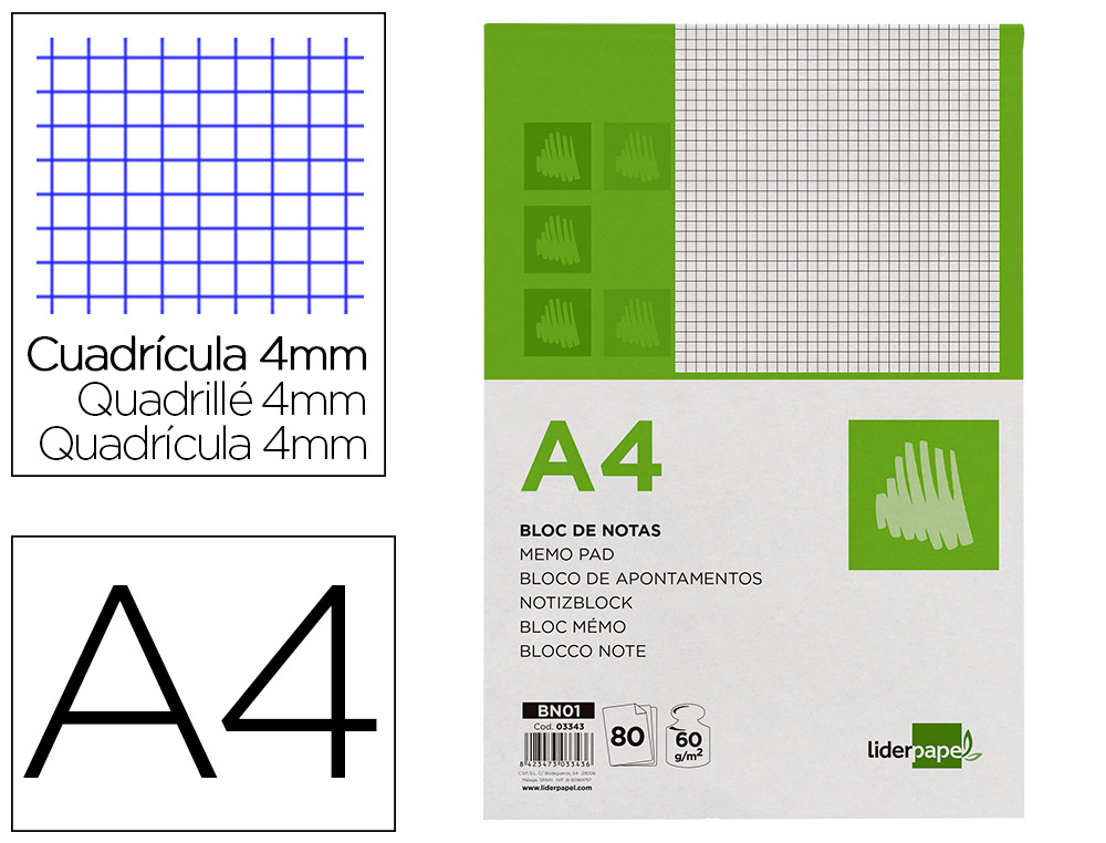 BLOC NOTAS LIDERPAPEL CUADRO 4MM A4 80 HOJAS 60G/M2 PERFORADO