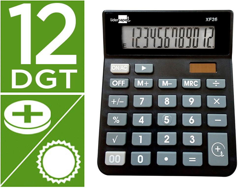 CALCULADORA LIDERPAPEL SOBREMESA XF26 12 DIGITOS SOLAR Y PILAS 127X105X24 MM COLOR NEGRO