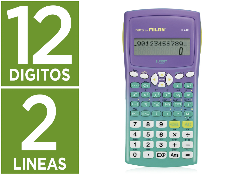 CALCULADORA MILAN CIENTIFICA M240 SUNSET TAPA TRANSLUCIDA 2 LINEAS 240 FUNCIONES 10+2 DIGITOS COLOR VERDE/TURQUESA