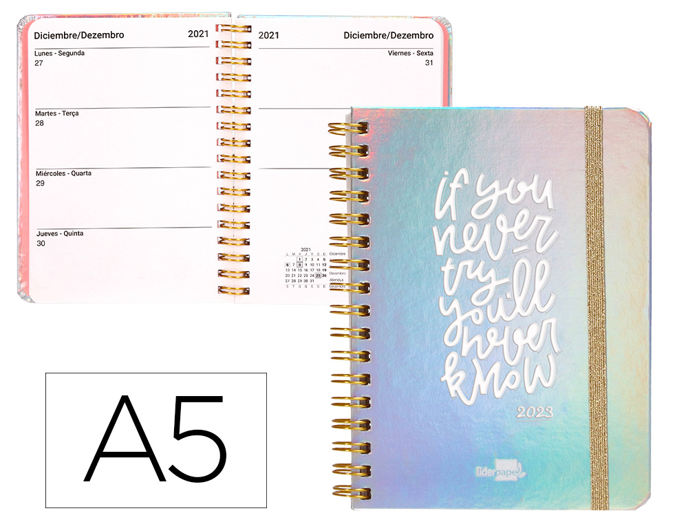 AGENDA DOBLE ESPIRAL LIDERPAPEL KYMOLOS TAPA IRIDISCENTE TAMAO A5 SEMANA VISTA PAPEL BLANCO 70G