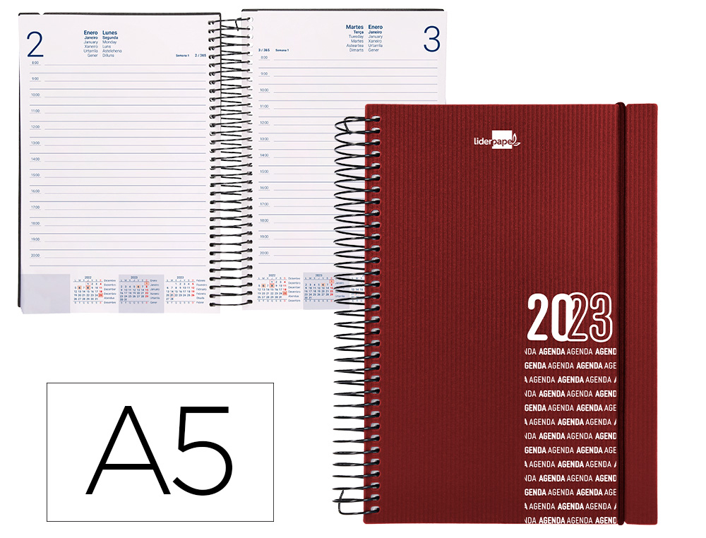 AGENDA ESPIRAL LIDERPAPEL OLBIA 15X21 CM 2023 DIA PAGINA TAPA POLIPROPILENO METALIZADO BURDEOS PAPEL 60 GR
