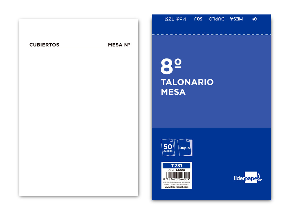 TALONARIO LIDERPAPEL CAMARERO OCTAVO ORIGINAL Y COPIA T231 PAPEL AUTOCOPIANTE