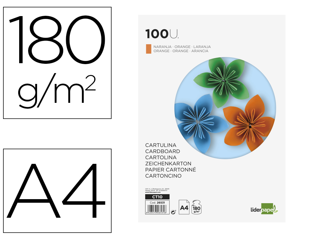 CARTULINA LIDERPAPEL A4 180G/M2 NARANJA FUERTE PAQUETEDE 100 HOJAS