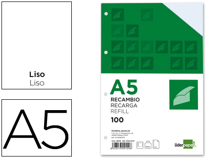 RECAMBIO LIDERPAPEL DIN A5 100 H 100G/M2 LISO CON MARGEN 6 TALADROS